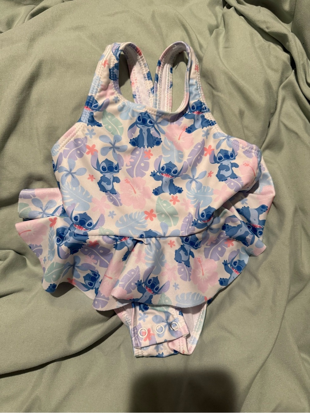 Stitch Print Pink & Blue Kids Swim One-Piece with Ruffle